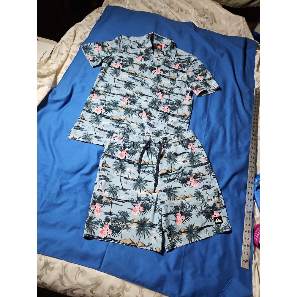 Quiksilver Volley Swim Shorts Hawaiian Shirt Set 2 Pc Quick Dry Resortwear SM